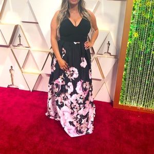 Xscape black and pink floral formal gown